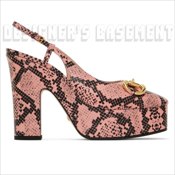 GUCCI pink Python print Calfskin 38.5-8.5 gold Horsebit slingback platform shoes - Picture 6 of 10